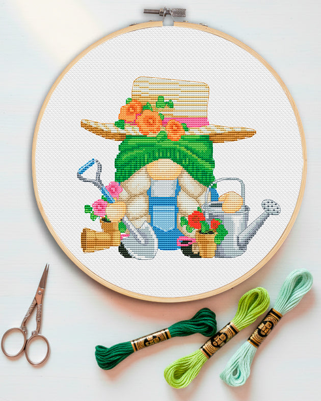 Female Gardener, Cross stitch pattern, Gnomes cross stitch,  Floral cross stitch, Spring cross stitch, Funny cross stitch