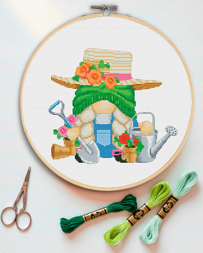 Female Gardener, Cross stitch pattern, Gnomes cross stitch,  Floral cross stitch, Spring cross stitch, Funny cross stitch