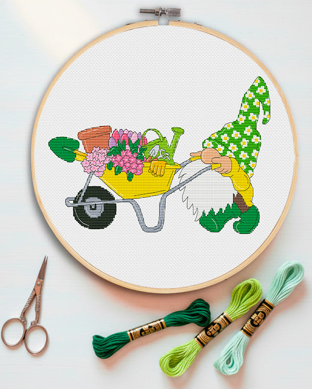 Garden gnome, Cross stitch pattern, Gnomes cross stitch,  Floral cross stitch, Spring cross stitch, Funny cross stitch