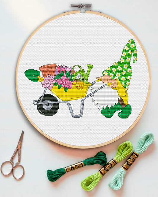 Garden gnome, Cross stitch pattern, Gnomes cross stitch,  Floral cross stitch, Spring cross stitch, Funny cross stitch