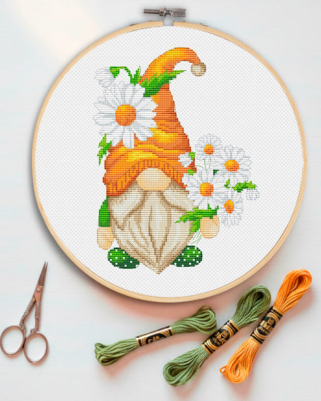 Gnome with daisies, Gnome cross stitch, Chamomiles cross stitch, Floral cross stitch, Modern cross stitch, Funny cross stitch