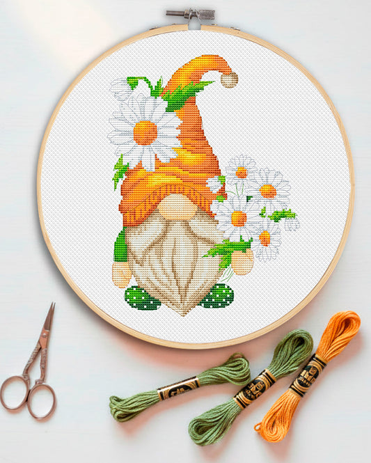 Gnome with daisies, Gnome cross stitch, Chamomiles cross stitch, Floral cross stitch, Modern cross stitch, Funny cross stitch
