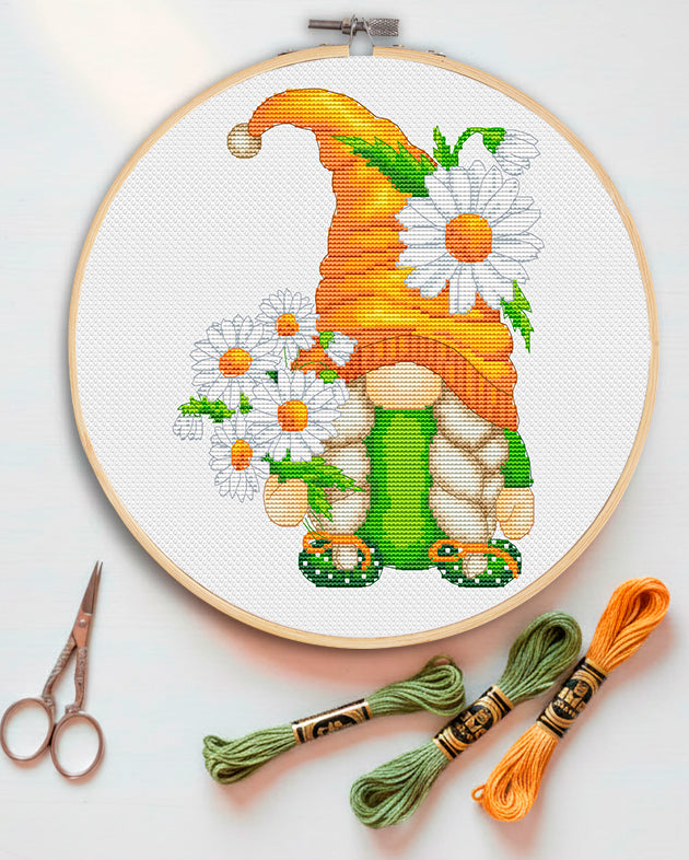 Female with daisies, Gnome cross stitch, Chamomiles cross stitch