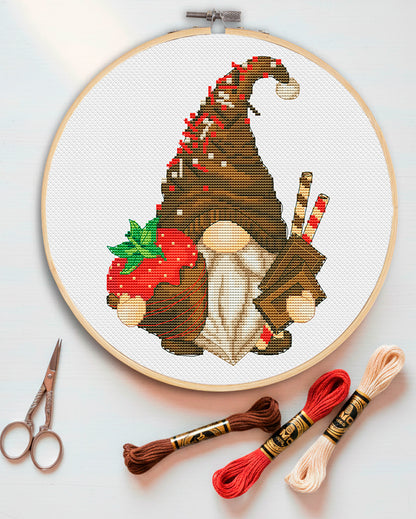 Strawberries in chocolate, Cross stitch, Strawberry cross stitch, Gnomes cross stitch, Modern cross stitch, Funny cross stitch