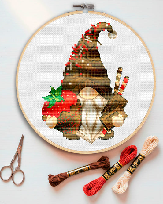 Strawberries in chocolate, Cross stitch, Strawberry cross stitch, Gnomes cross stitch, Modern cross stitch, Funny cross stitch