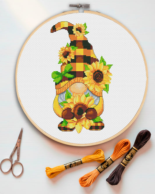 Sunflowers female, Cross stitch, Floral cross stitch, Gnomes cross stitch, Counted cross stitch, Sunflowers cross stitch