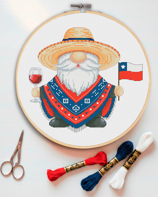 Chile Travel Gnome cross stitch pattern PDF. Cute gnome character representing a trip to Chile, South America. Embroidery design for travel souvenir.