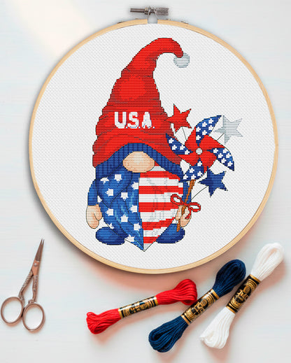 Patriotic gnome, Cross stitch pattern, Independence day