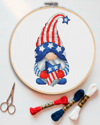 Patriotic gnome, Cross stitch, 4th July cross stitch, Gnomes cross stitch, Modern cross stitch