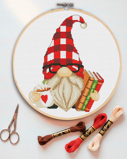 Book gnome, Cross stitch, Coffee cross stitch, Gnomes cross stitch, Modern cross stitch, Book cross stitch