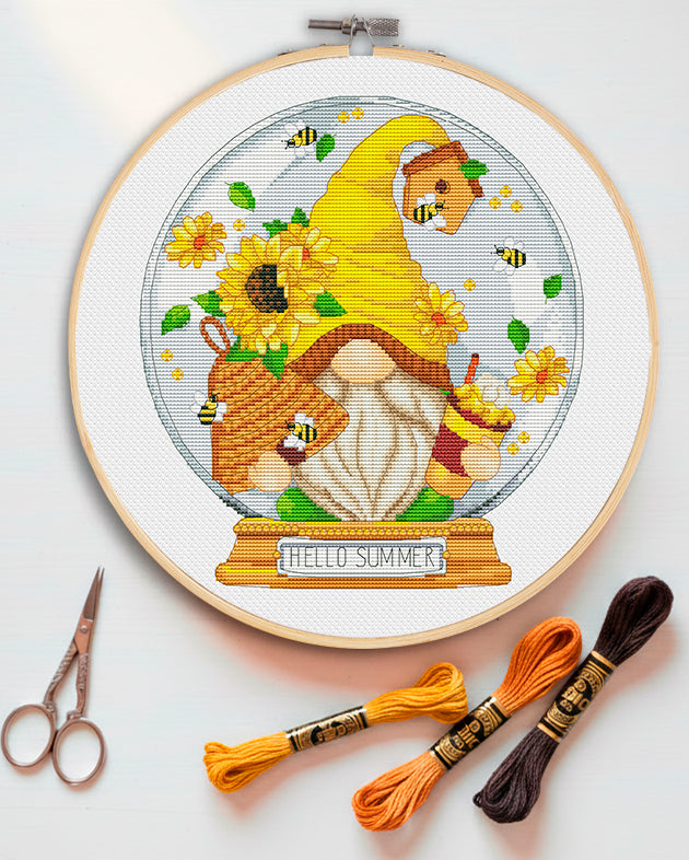 Hello summer, Cross stitch, Floral cross stitch, Bee cross stitch, Gnomes cross stitch, Modern cross stitch, Cross stitch pattern