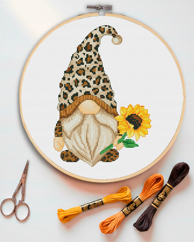 Leopard gnome, Cross stitch pattern, Sunflowers cross stitch, Gnomes cross stitch, Modern cross stitch
