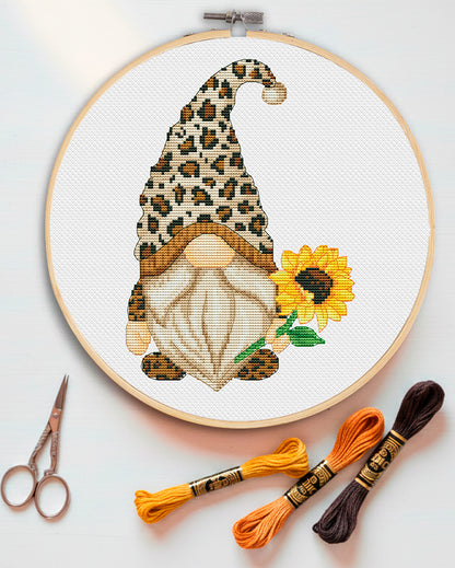 Leopard gnome, Cross stitch pattern, Sunflowers cross stitch, Gnomes cross stitch, Modern cross stitch