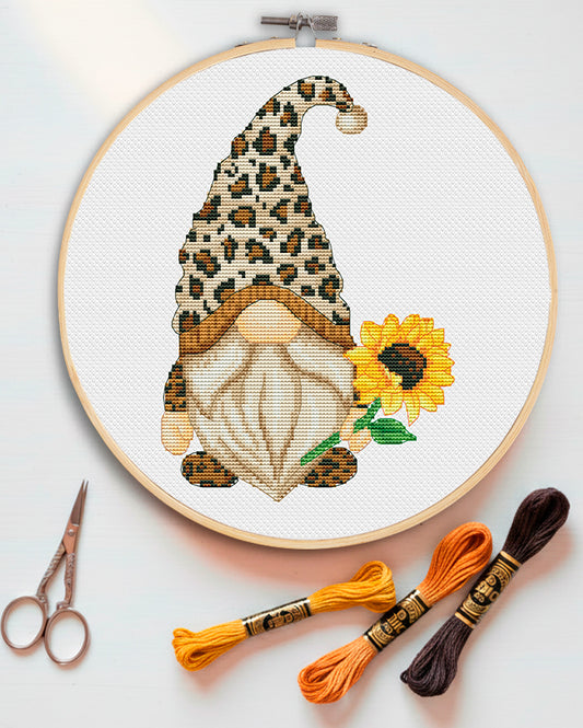 Leopard gnome, Cross stitch pattern, Sunflowers cross stitch, Gnomes cross stitch, Modern cross stitch