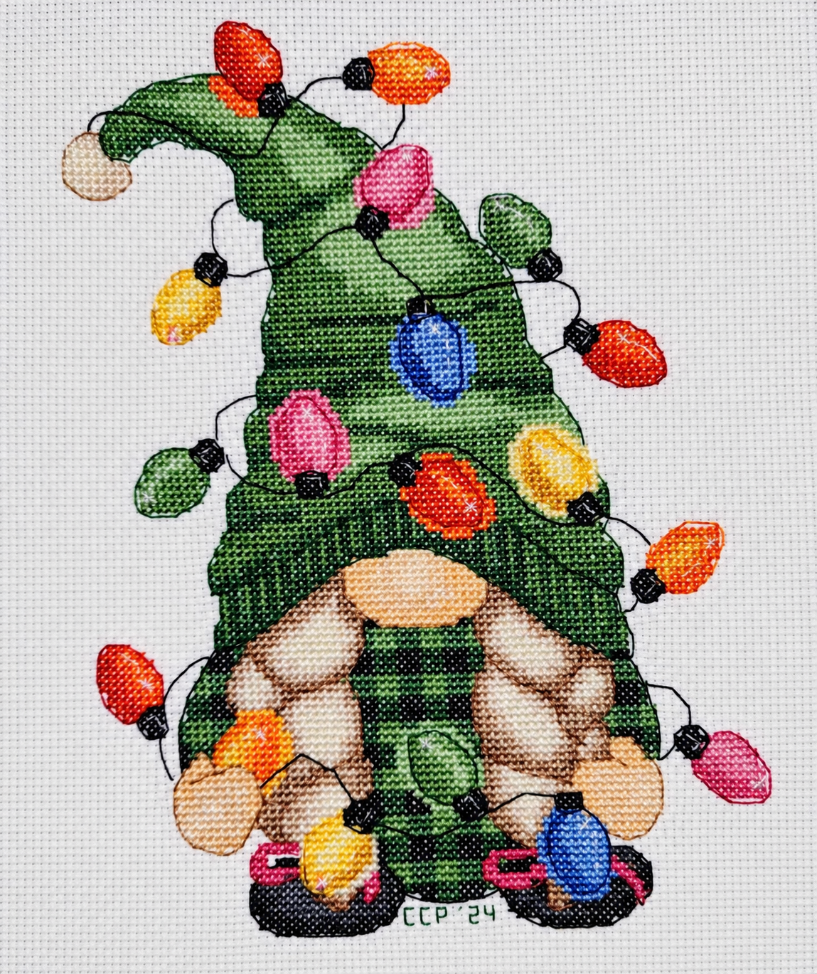 Girl Gnome Wrapped in Christmas Lights Cross Stitch Pattern PDF