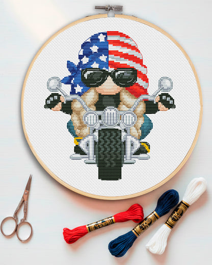 Female motorcyclist, Cross stitch pattern, Biker cross stitch, Counted cross stitch, Gnomes cross stitch, Patriotic cross stitch