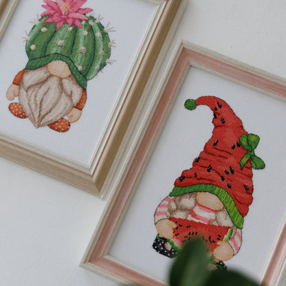 Handmade cross stitch gnomes, Strawberry and Cactus embroidery patterns by Cutebroidery, colorful garden decor.
