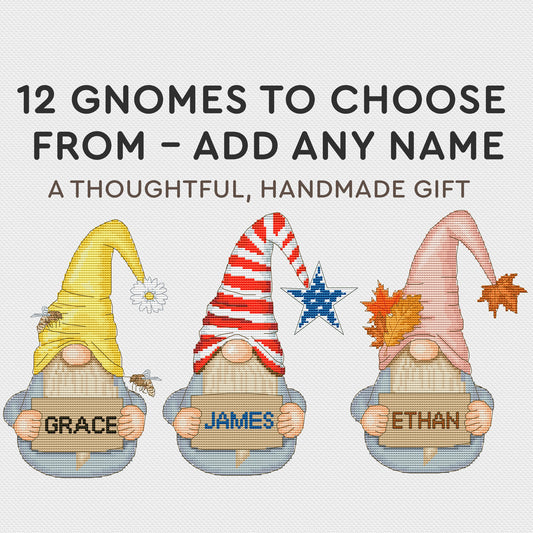 Custom Gnome Cross Stitch Pattern PDF – Personalized Name Gift – Pick 1 of 12 Designs – Embroidery Chart – Made in 24h – Digital Download