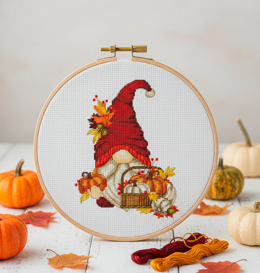 Cross Stitch Pattern Fall Gnome with Pumpkins, Cozy DIY Embroidery