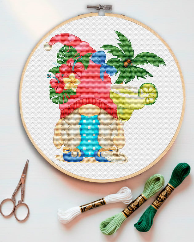 Beach Gnome Cross Stitch Pattern - Bar Decor Embroidery- Instant Download