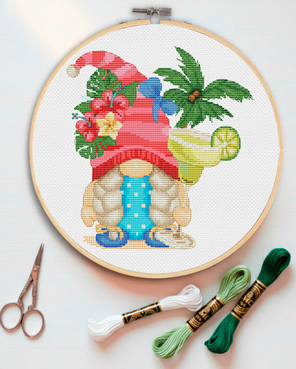 Beach Gnome Cross Stitch Pattern - Bar Decor Embroidery- Instant Download