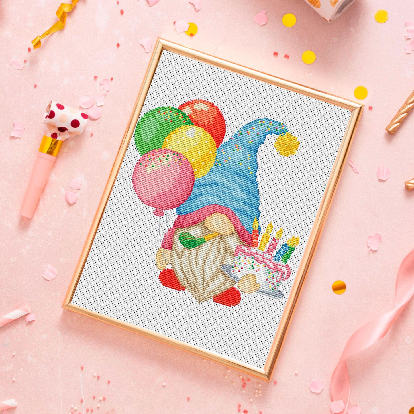 Birthday Party Gnome, Cross stitch pattern