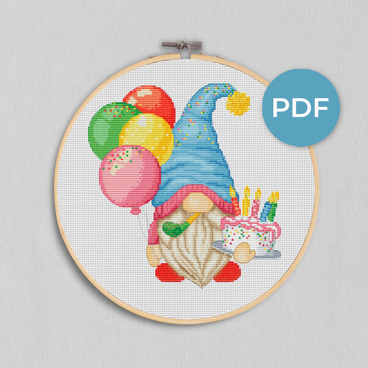 Birthday Party Gnome, Cross stitch pattern