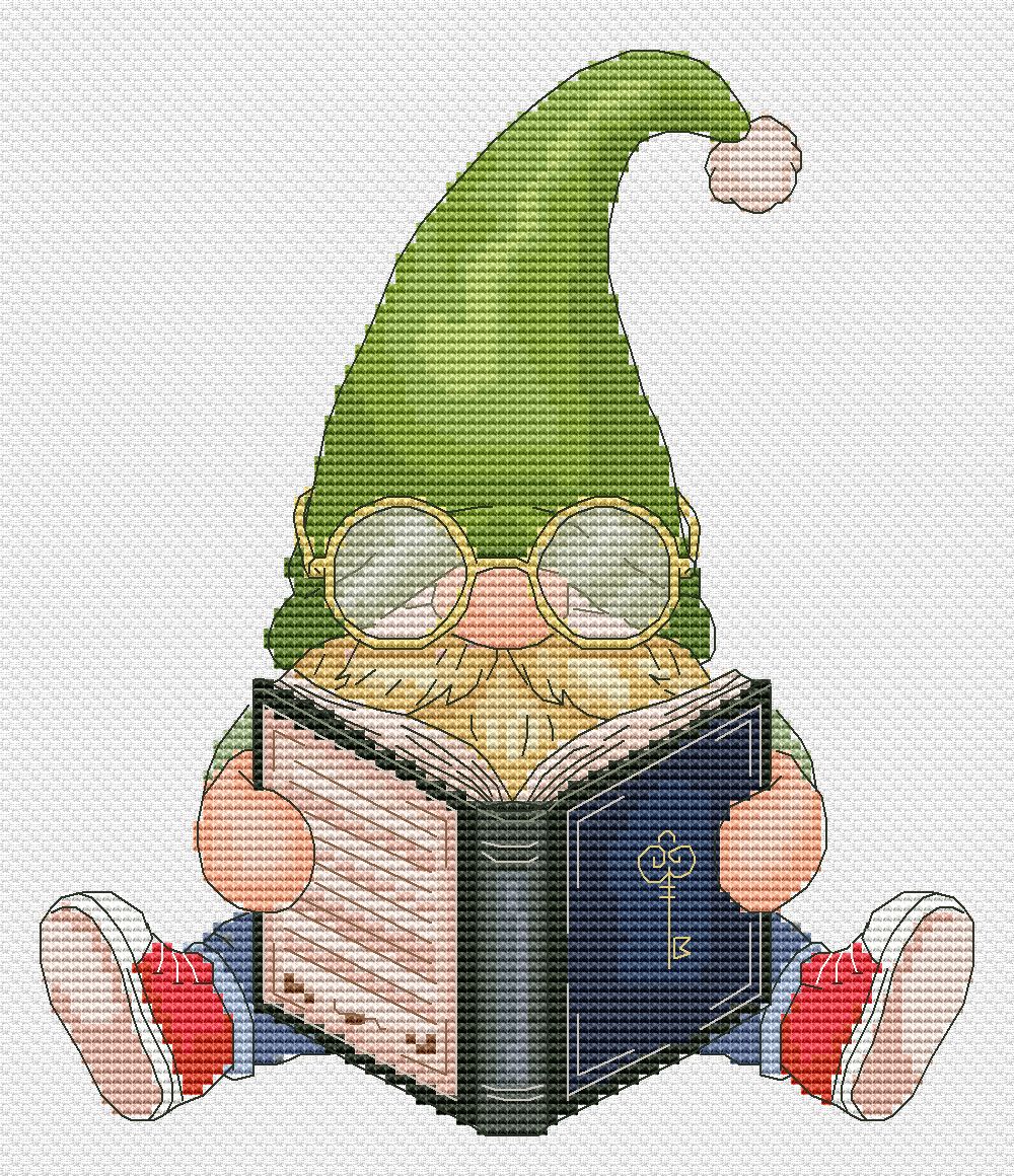 Cross-stitched pattern of a gnome reading a book on a white background