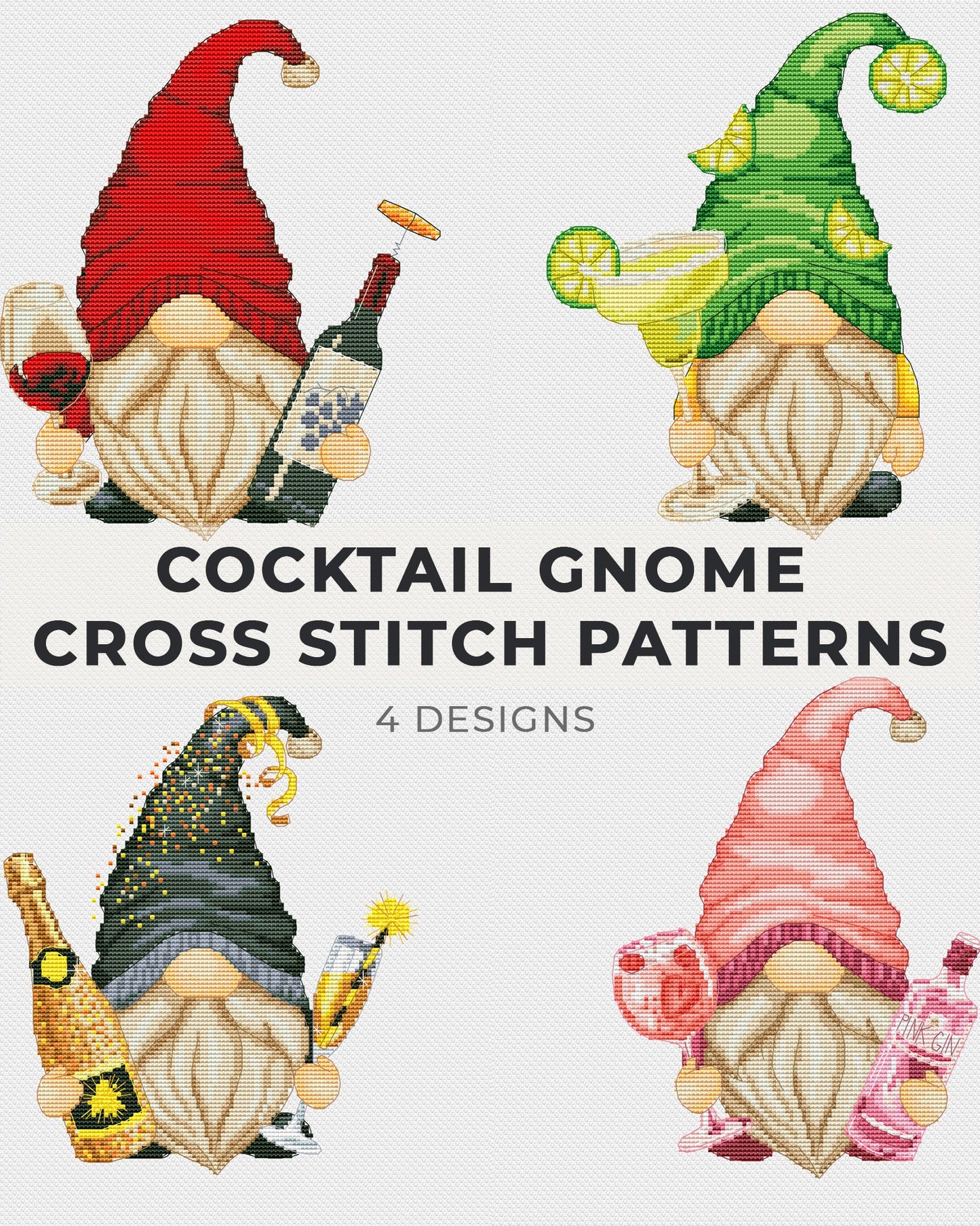 Set of 4, Cross stitch patterns, Gnomes cross stitch