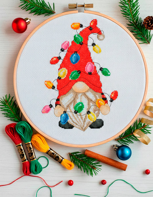 Christmas Gnome with Lights Cross Stitch Pattern
