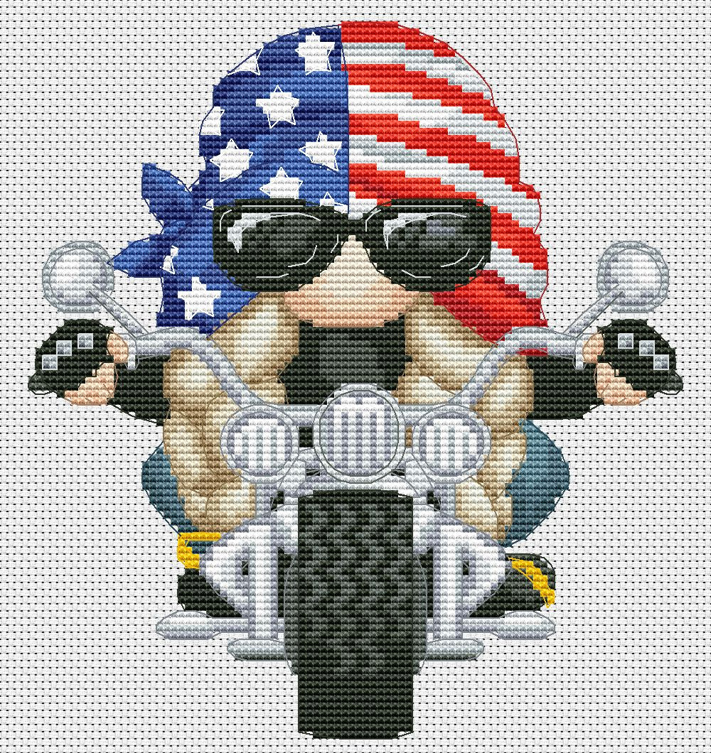 Female motorcyclist, Cross stitch pattern, Biker cross stitch, Counted cross stitch, Gnomes cross stitch, Patriotic cross stitch