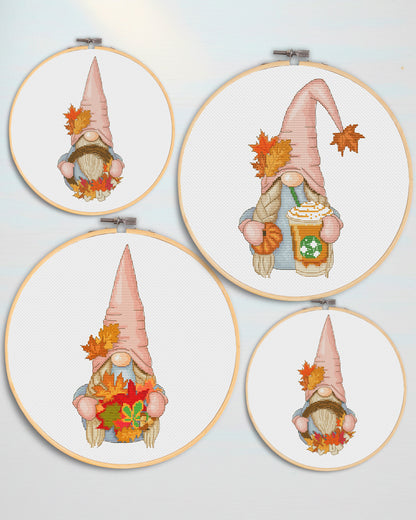 Set of 4 Cross stitch patterns, Autumn gnomes