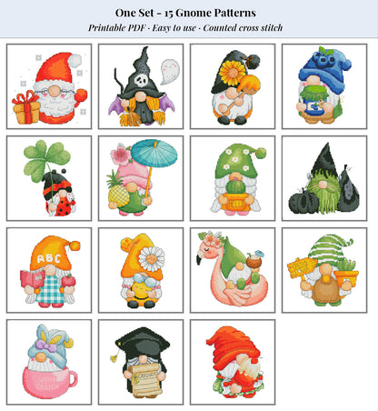15 Gnomes cross stitch patterns bundle PDF (Instant Download)