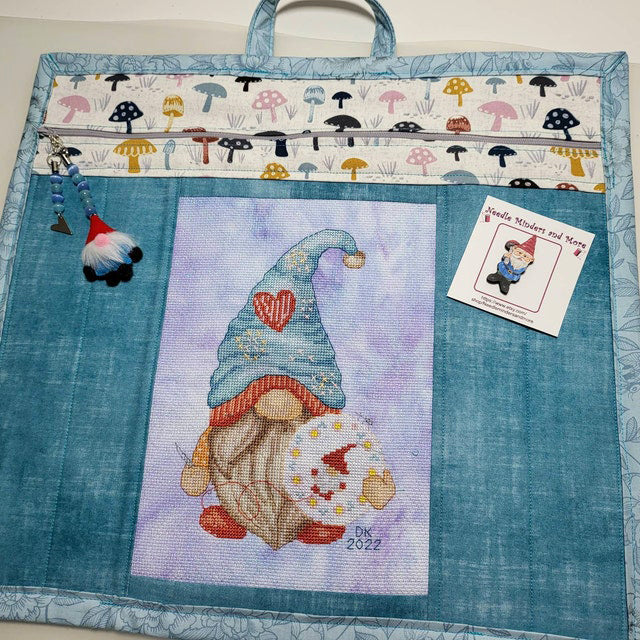 Gnome cross stitch sewn into a handmade project organizer bag with zipper pocket — CuteBroidery customer finish