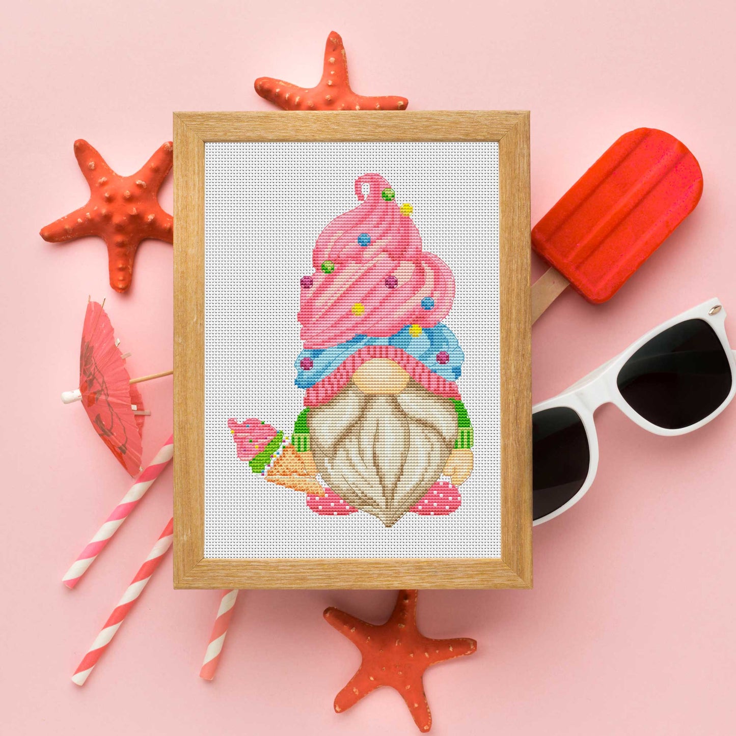 Ice cream gnome, Cross stitch, Cream cross stitch, Gnomes cross stitch, Counted cross stitch, Summer cross stitch, Funny cross stitch