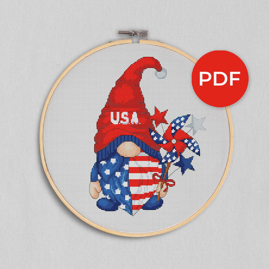 Patriotic gnome, Cross stitch pattern, Independence day