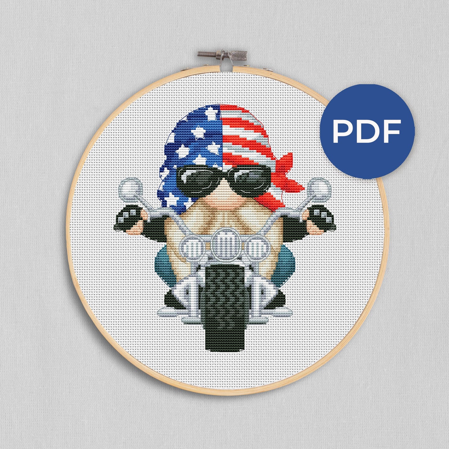 Motorcyclist, Cross stitch pattern, Biker cross stitch, Gnomes cross stitch, Patriotic cross stitch