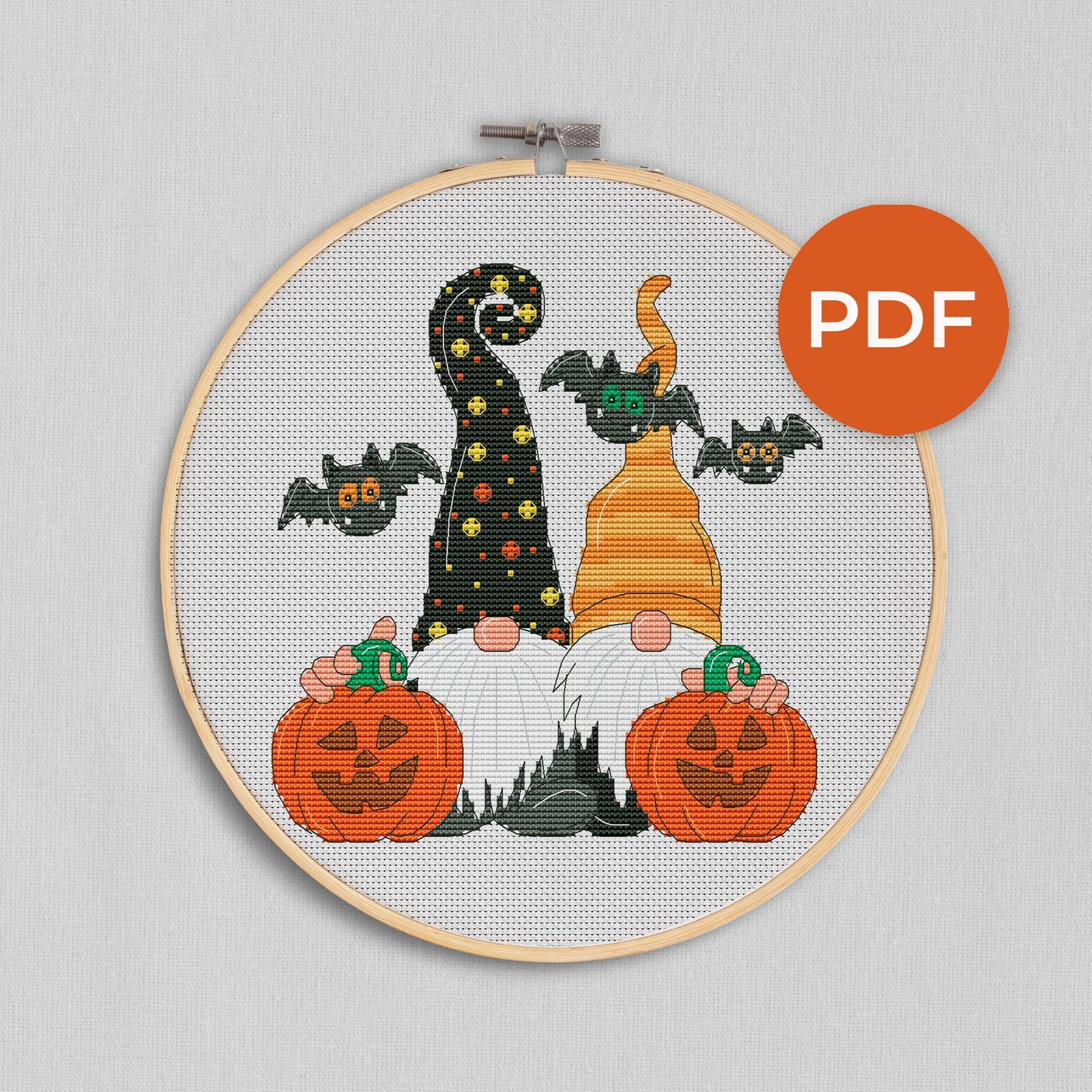 Halloween gnomes, Halloween cross stitch, Gnomes cross stitch, Modern cross stitch, Cross stitch pattern, Pumpkins cross stitch