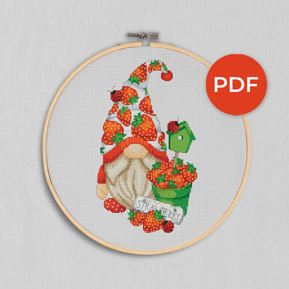 Strawberry gnome, Cross stitch, Summer cross stitch, Gnomes cross stitch, Modern cross stitch, Strawberry cross stitch