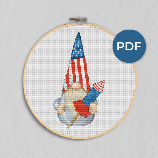 Patriotic gnome, Cross stitch, Fourth of July, Gnome cross stitch, Funny cross stitch, Easy cross stitch, Independence day