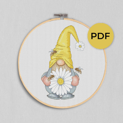 Gnome with daisies, Gnomes cross stitch, Chamomiles cross stitch, Floral cross stitch, Modern cross stitch, Daisy cross stitch