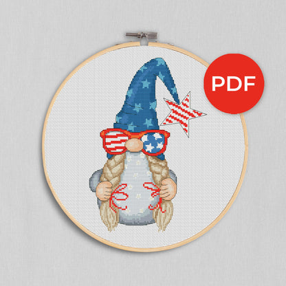 Patriotic girl, Cross stitch, 4th July, Gnomes cross stitch, Modern cross stitch, Cross stitch pattern, Independence day