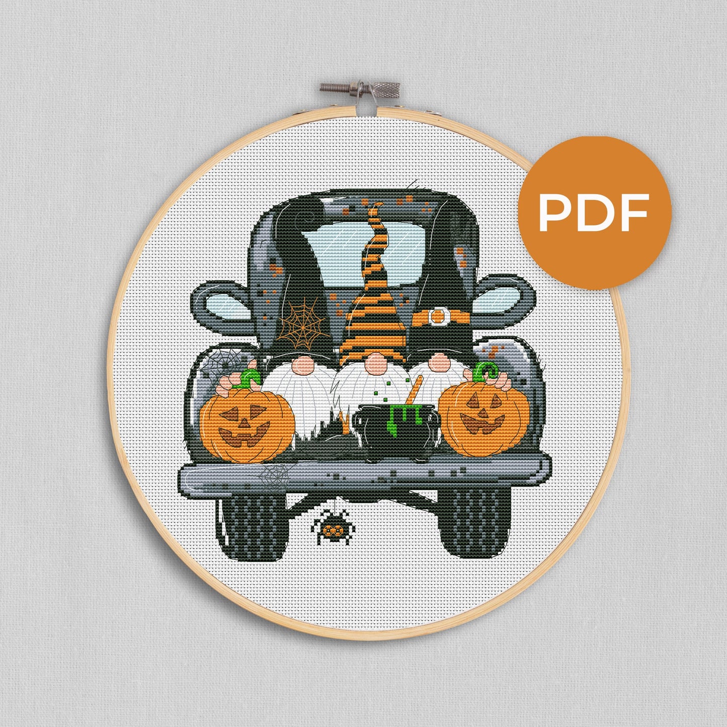 Halloween truck, Halloween cross stitch, Gnomes cross stitch, Modern cross stitch, Cross stitch pattern, Halloween decor, Halloween gift