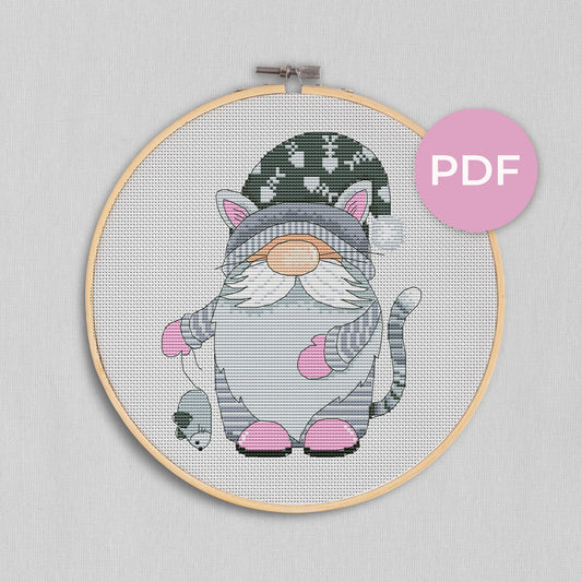 Cat gnome, Cross stitch pattern, Cat cross stitch, Gnome cross stitch, Modern cross stitch, Pets cross stitch, Funny cross stitch