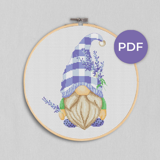 Lavender gnome, Cross stitch, Floral cross stitch, Gnomes cross stitch, Modern cross stitch, Lavender cross stitch, Cross stitch PDF