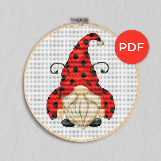 Ladybug gnome, Cross stitch pattern, Bugs cross stitch,Counted cross stitch