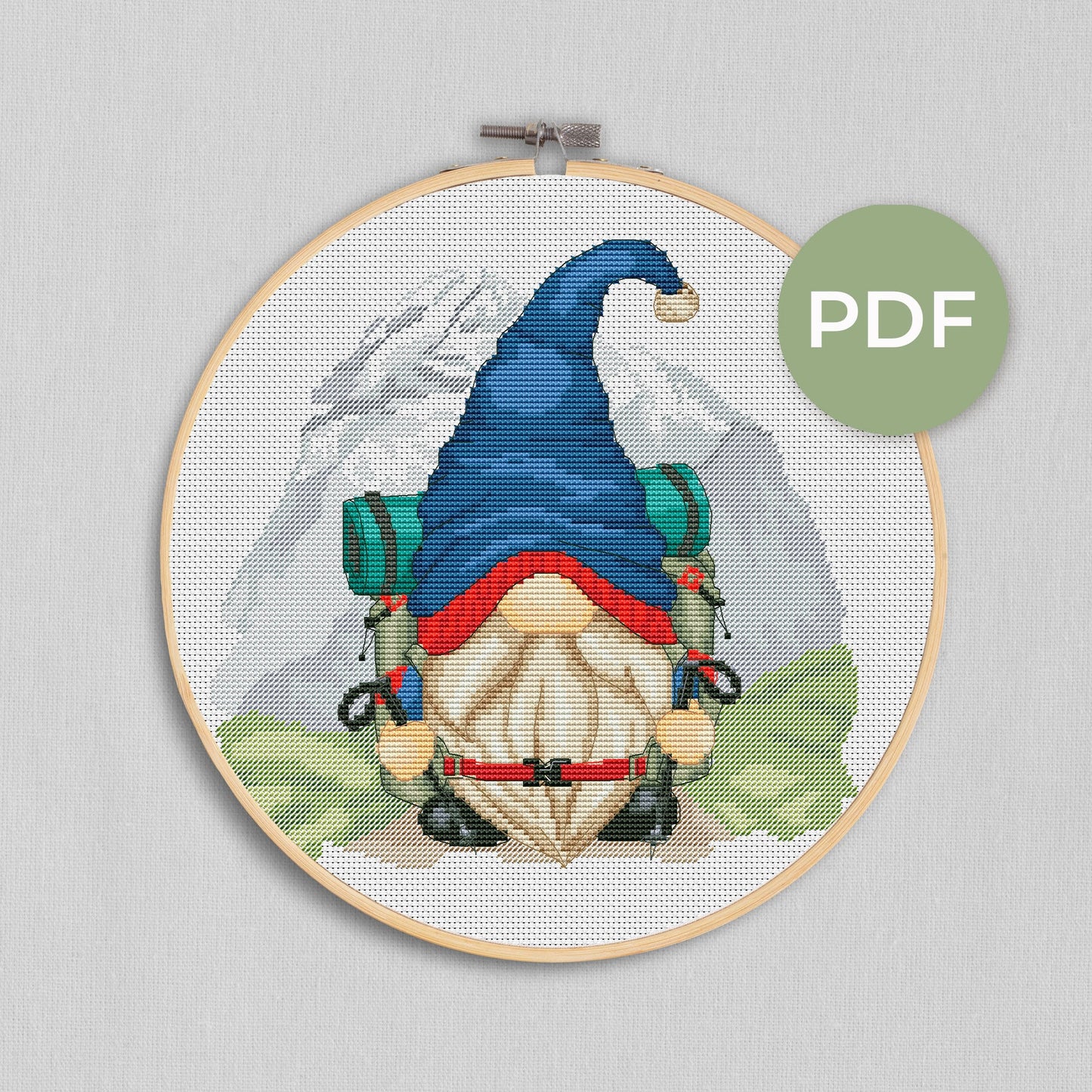 Hiking gnome, Cross stitch, Hiking cross stitch, Gnome cross stitch, Modern cross stitch, Nature cross stitch, Mountains cross stitch