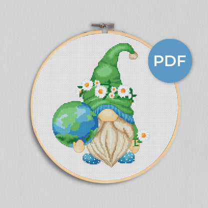 Mother earth day, Gnome cross stitch, Earth cross stitch, Counted cross stitch, Save nature, Daisy cross stitch