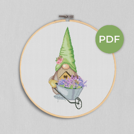 Garden gnome, Cross stitch, Floral cross stitch, Gnomes cross stitch, Spring cross stitch, Cross stitch pattern, Garden cross stitch