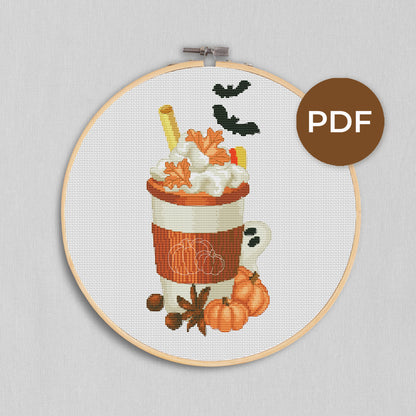 Halloween coffee, Cross stitch pattern, Coffee cross stitch, Ghost cross stitch, Modern cross stitch, Pumpkin cross stitch, Bat cross stitch